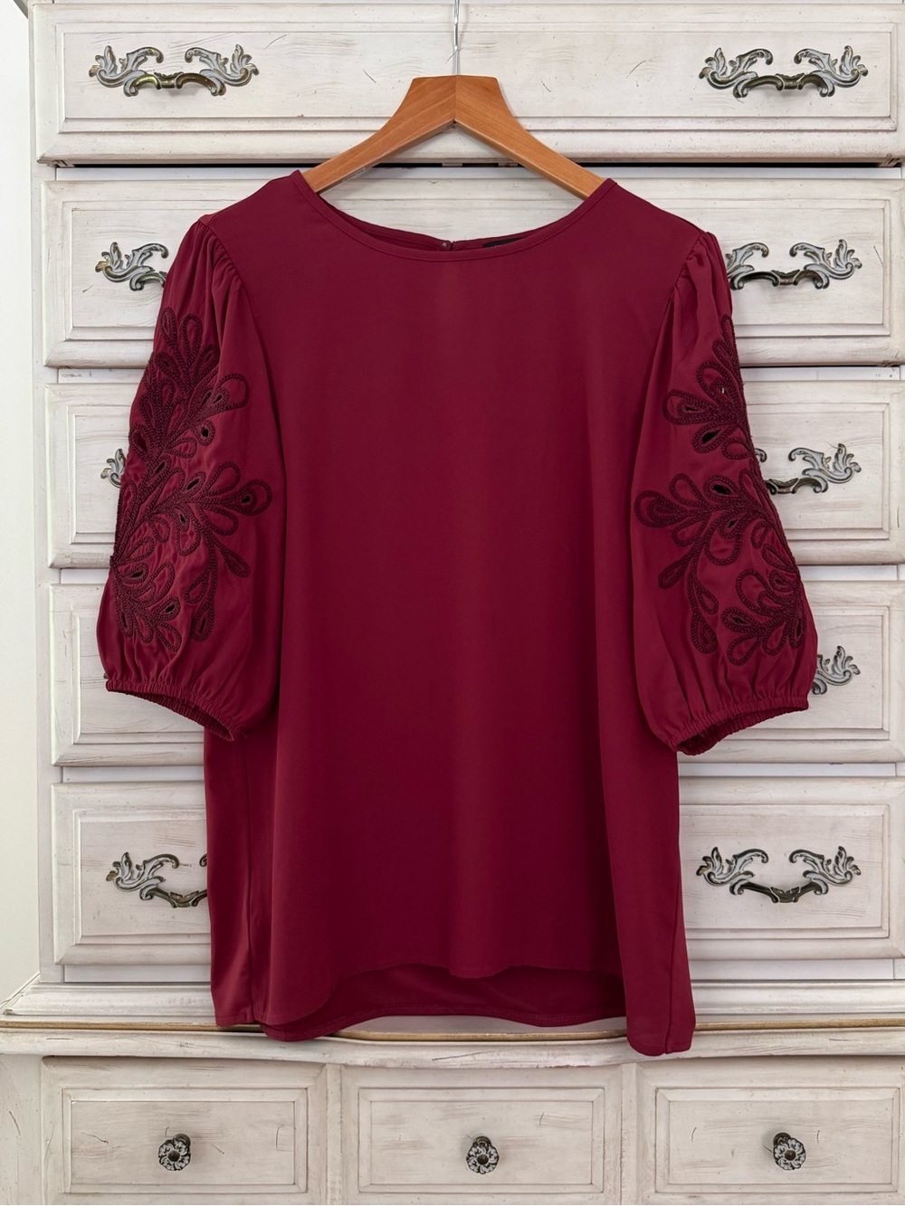 Ann Taylor Burgundy Stitched Sleeve Blouse Top